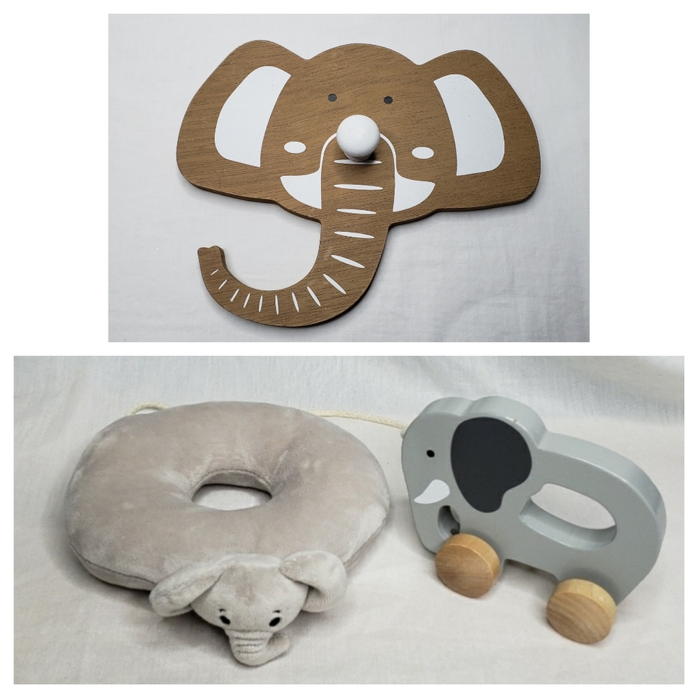 Elephant Baby Toys Hape Wood Pull Along, Plush Rattle, and Wall Hook